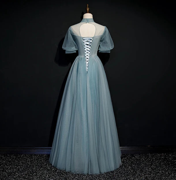 Luolandi High Quality Beaded Short Sleeves Formal Dress Tulle A-line Party Dress Prom Dress Charming Evening Dress